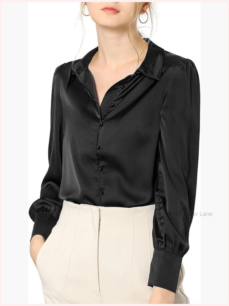 Satin Blouse Puff Long Sleeve Button Down Dressy Office Work Tops Business